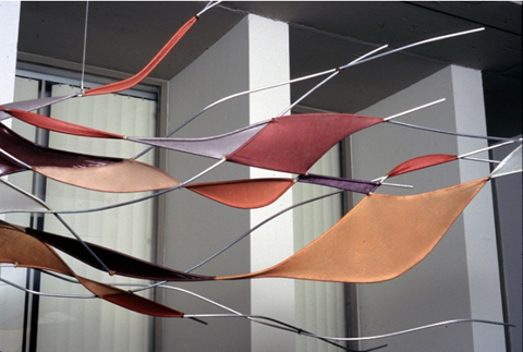 Tia Kramer Installation with handmade paper: suspended flight