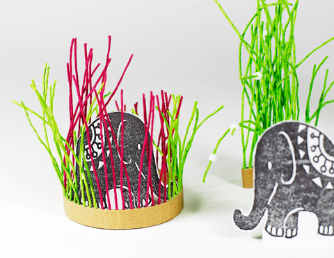 Made by PaperPhine: Elephant in Paper Twine Grass and Paper Twine House