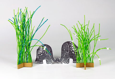 Made by PaperPhine: Elephant in Paper Twine Grass and Paper Twine House