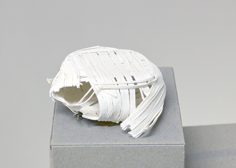 peng brooch by Sophie Baumgärten made of PaperPhine's paper twine, tissue paper and a stainless steel brooch pin